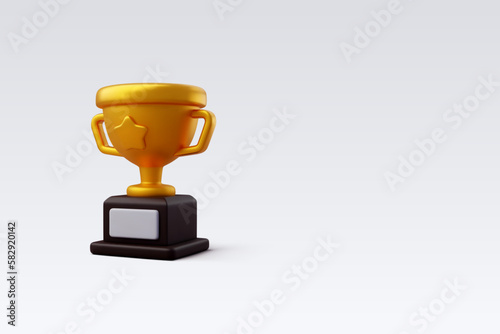 3d Vector Golden trophy cup with star, Premium Quality guarantee label, Victory game champion.