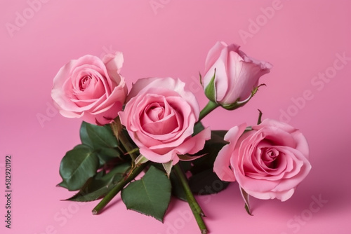 bouquet of pink roses. mother s day. pink background. generative ai. 