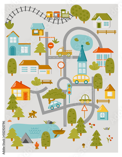 Cute town map for kids room. Landscape with lot details. Vector illustration
