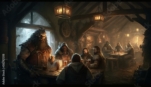 Generative AI, fantasy Tavern, medieval Tavern, medieval building,dwarf,zwerg, fantasy Taverne, mittelalterliche Taverne, mittelalterliche Gebäude. 