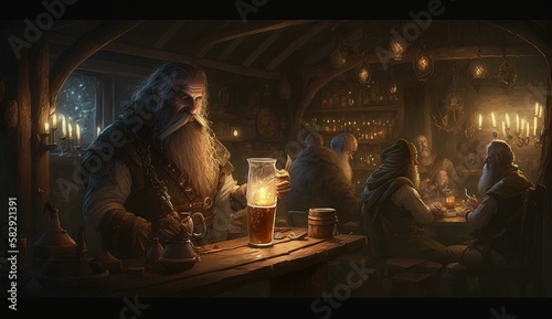 Generative AI, fantasy Tavern, medieval Tavern, medieval building,dwarf,zwerg, fantasy Taverne, mittelalterliche Taverne, mittelalterliche Gebäude. 