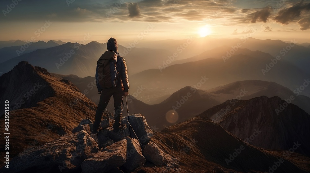 Hiker Standing at Top of Mountain Enjoying Beautiful Scenery AI Generative