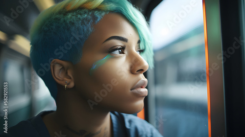 african american woman looking at the window, while traveling by subway