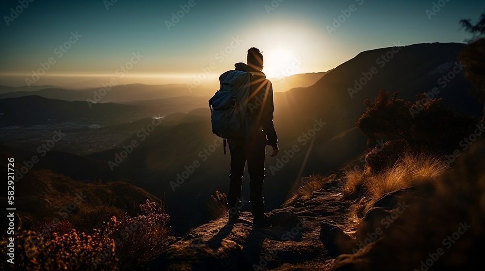 Fototapeta premium Hiker Standing at Top of Mountain Enjoying Beautiful Scenery AI Generative