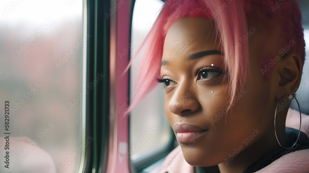 african american woman looking at the window, while traveling by subway african american woman looking at the window, while traveling by subway
