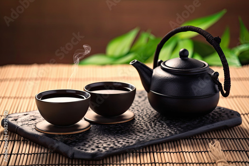 Japanese Tea - Hot Teapot And Teacups On Bamboo Mat, AI Generative