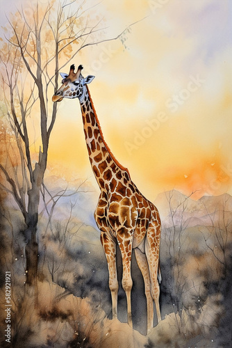 Giraffe        watercolor style    tall and graceful    sunset    warm and earthy  Generative AI Digital Illustration Part 200323