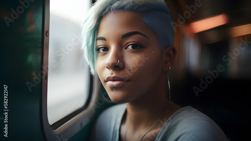 african american woman looking at the window, while traveling by subway © Demencial Studies
