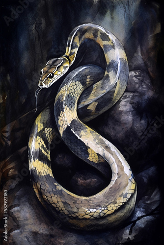 Snake 🐍, watercolor style sleek and slithery evening dark and mysterious Generative AI Digital Illustration Part#200323
