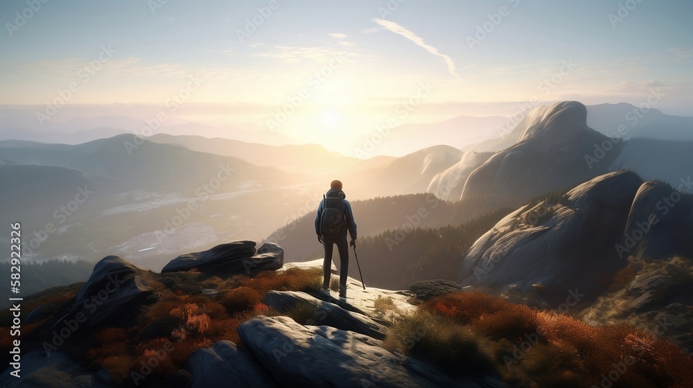 Fototapeta premium Hiker Standing at Top of Mountain Enjoying Beautiful Scenery AI Generative