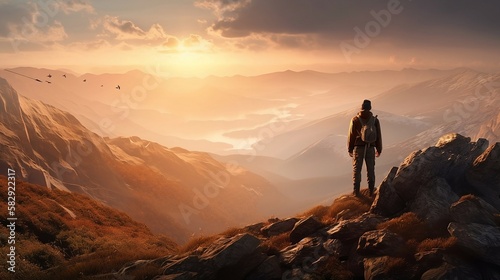 Hiker Standing at Top of Mountain Enjoying Beautiful Scenery AI Generative © kejardolar