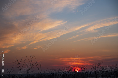 Sunset over the field with dry grass and blue sky