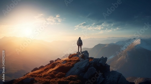 Hiker Standing at Top of Mountain Enjoying Beautiful Scenery AI Generative