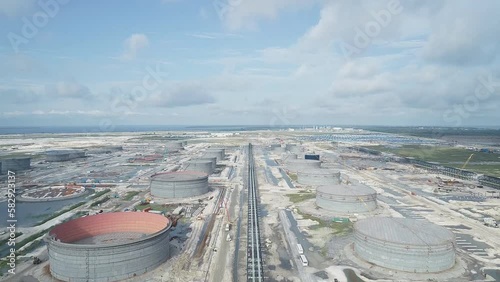 Aerial view of the construction of a new oil terminal across the Strait of Hormuz, Iran.