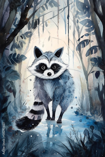 Raccoon 🦝, Playful character design, Watercolor art style, Mischievous mood, Moonlit forest lighting Generative AI Digital Illustration Part#200323