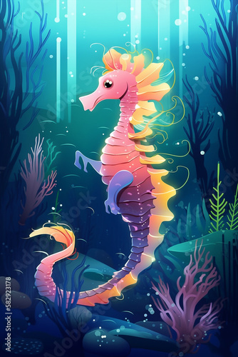 Seahorse 🐎, Adorable character design, Vector art style, Graceful mood, Coral reef lighting Generative AI Digital Illustration Part#200323