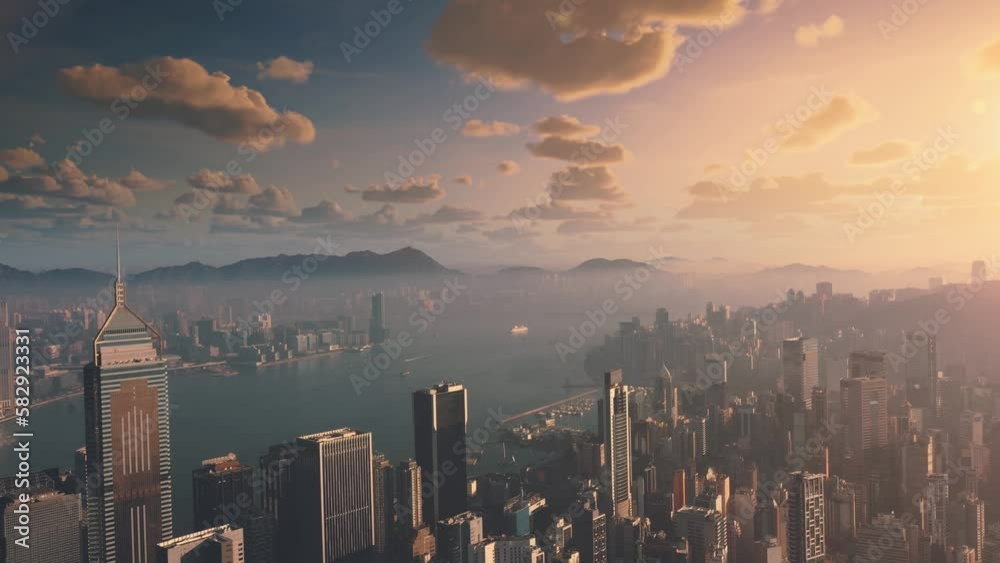 Hong Kong skyline. Hong kong hdr aerial cityscape with sunset sun. Amazing panorama of buildings and sky reflecting in harbour