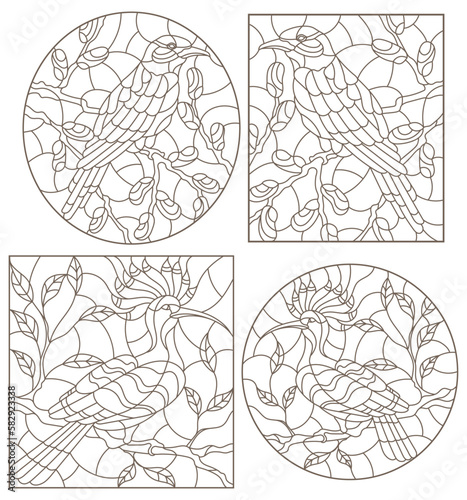 A set of contour illustrations in the style of stained glass with birds on tree branches, dark contours on a white background © Zagory