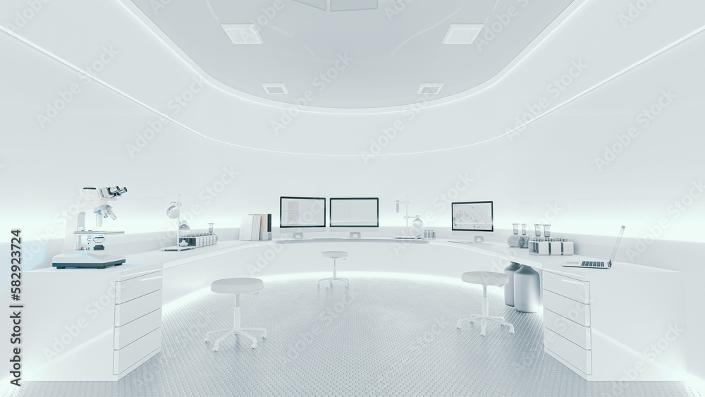 Scientific laboratory white room. can be used in education, science industry background. Designed in minimal concept. 3D Render.