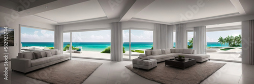 White modern villa interior with sea view wide image © AlexArty