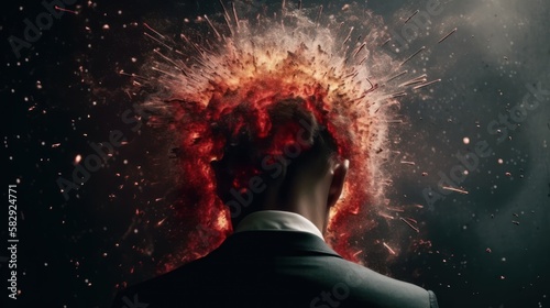 A stressed and tired businessman, showing a surreal and humorous expression mixing work and business. Dressed in a suit and tie, with a cloud of smoke and blood. GENERATIVE AI