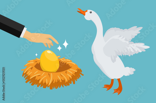 hand stealing a golden egg from a white goose