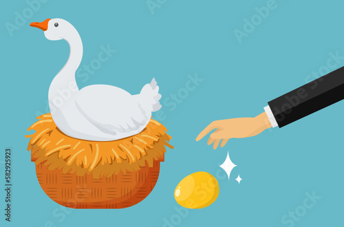 hand stealing a golden egg from a white goose