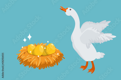 happy white goose with some golden eggs in her nest