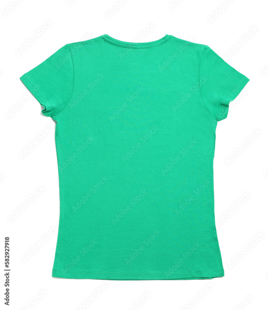 Stylish green female T-shirt isolated on white, top view Stylish green female T-shirt isolated on white, top view