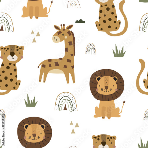 Cute cartoon nursery print. Vector safari print for wall decor in children's bedroom. Cute African animals characters - giraffe, lion, leopard - seamless pattern © Ольга Агуреева