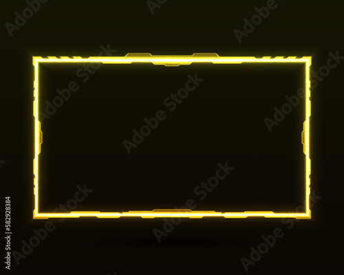 Futuristic yellow neon stream overlay game gui screen border frame with glow effect