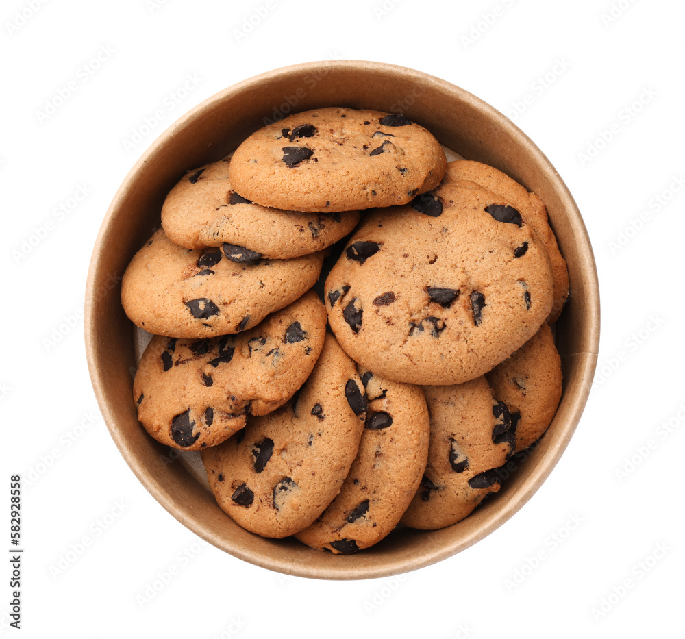 Delicious chocolate chip cookies in bowl isolated on white, top view