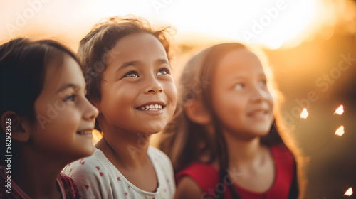 group of children friends playing in a sunset