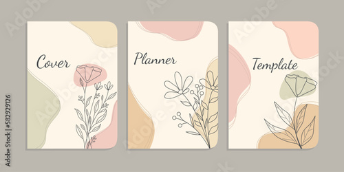 set of beautiful book cover designs with hand drawn floral decorations. aesthetic botanical abstract background. size A4 For notebooks, diaries, planners, brochures, books, catalogs