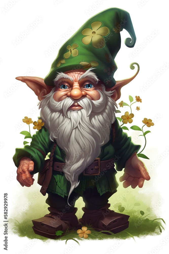 shamrock Irish Elven dwarf, cartoon illustration style, green hat, long ...