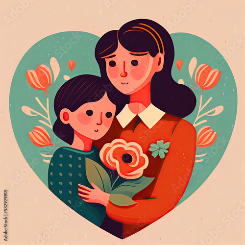 Illustration of mother and kids with flowers for mother's day generative AI