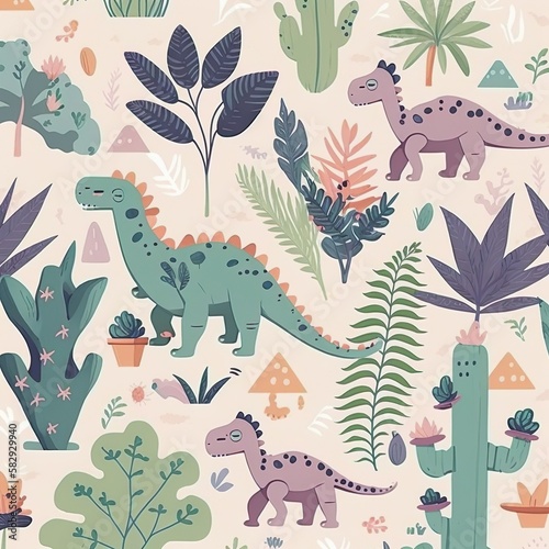 cute children archeology wallpaper in pastel colors, with dinosaurs and plants © Andrei