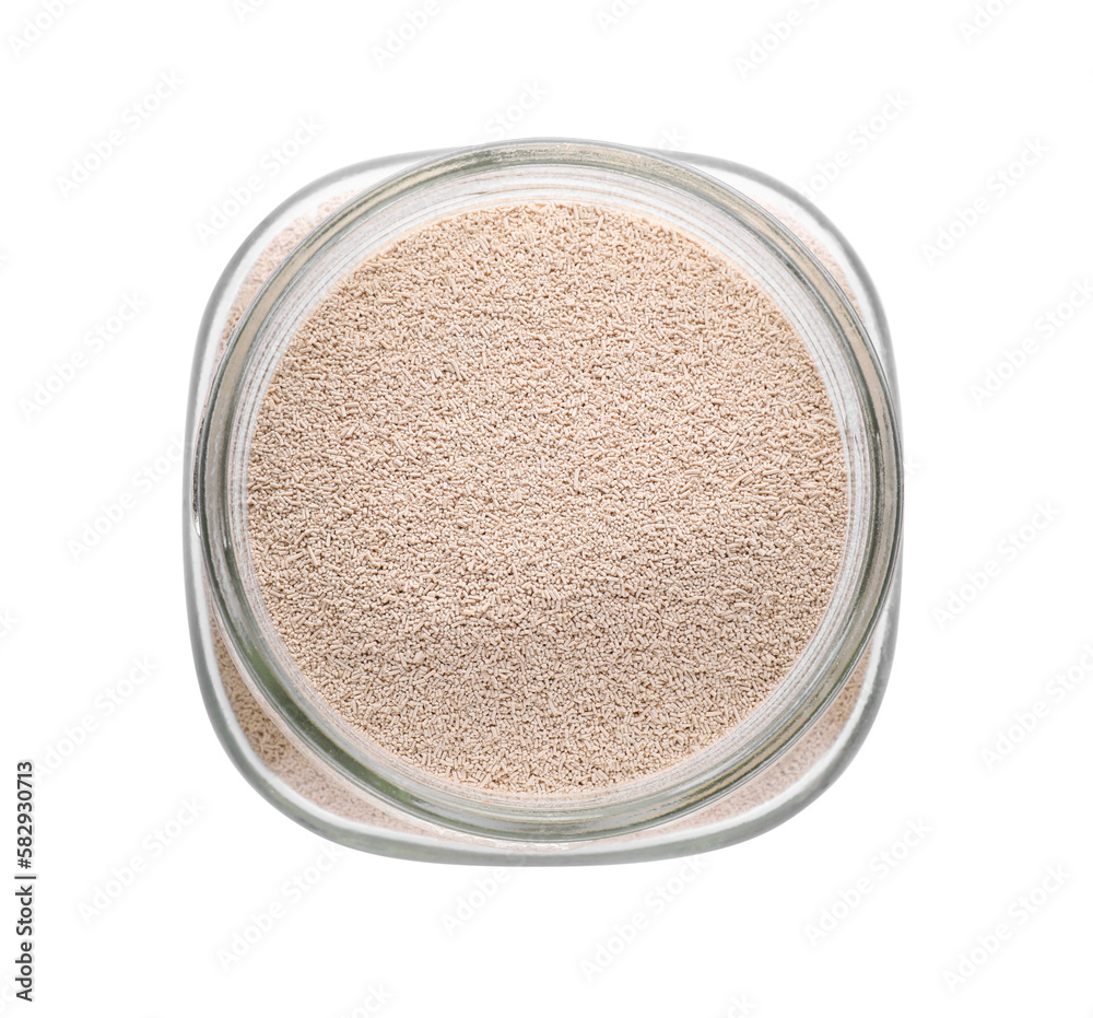 Jar with active dry yeast isolated on white, top view Jar with active dry yeast isolated on white, top view