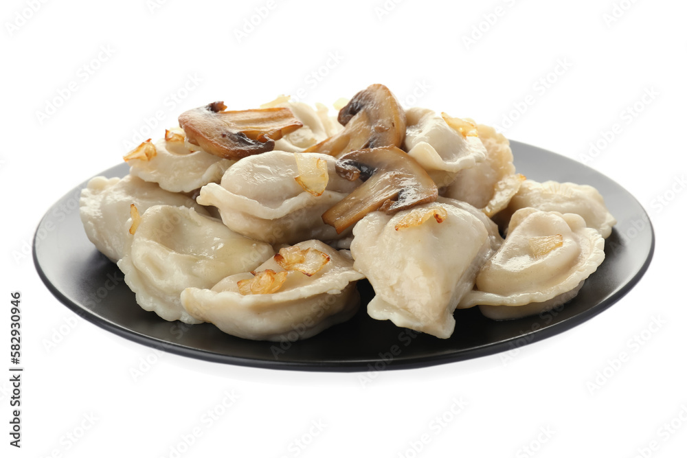 Delicious dumplings (varenyky) with potatoes, mushrooms and onion on white background Delicious dumplings (varenyky) with potatoes, mushrooms and onion on white background