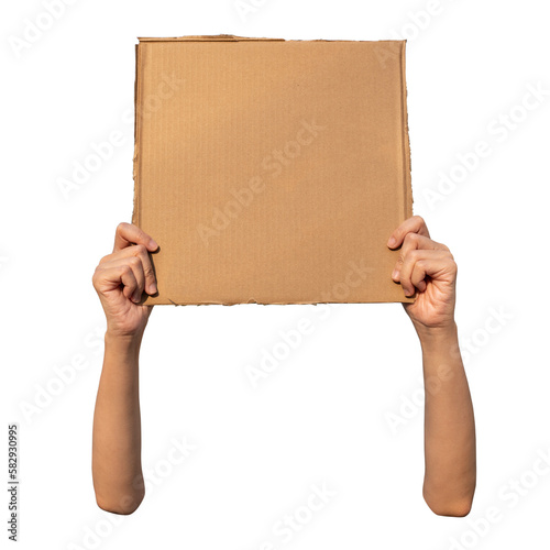 Hands holding cardboard. Demonstration concept.
