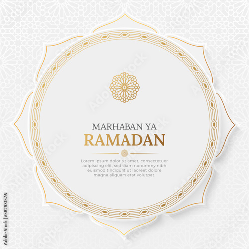 Marhaban Ya Ramadan elegant white and golden greeting card social media post template  photo