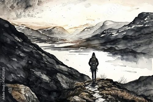 man on the lake watercolor painting Created with generative Ai Technology © Ydhimas