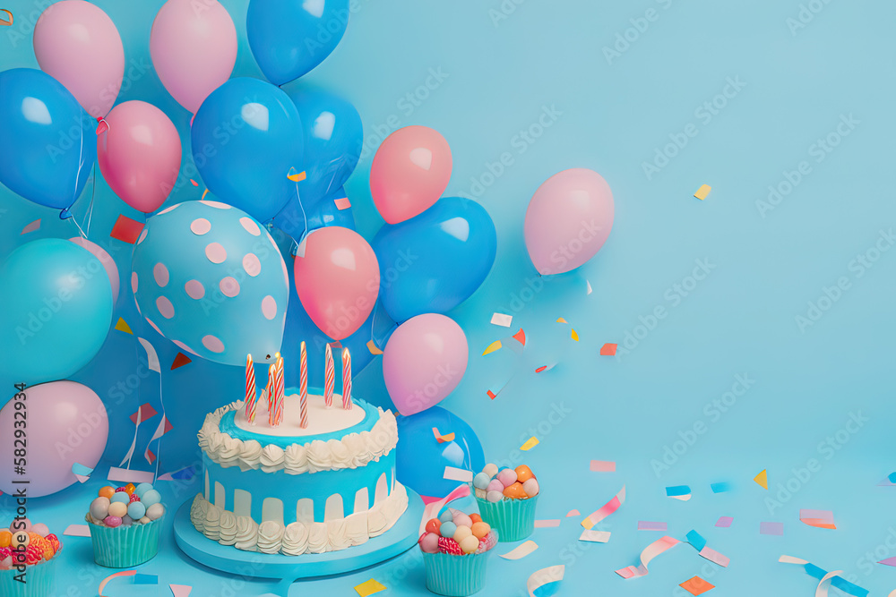 Blue background, birthday, decorations, party (generated AI) Blue background, birthday, decorations, party (generated AI)
