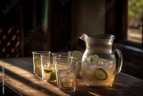 Margarita pitcher with multiple glasses, lime wedges, and ice cubes