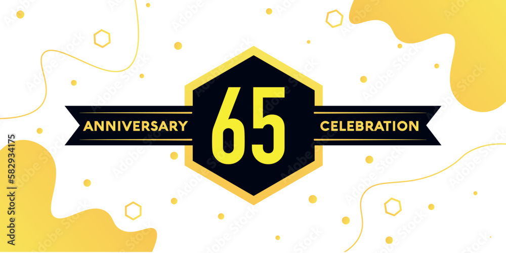 65 years anniversary logo vector design with yellow geometric shape with black and abstract design on white background template
