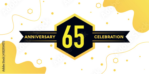 65 years anniversary logo vector design with yellow geometric shape with black and abstract design on white background template