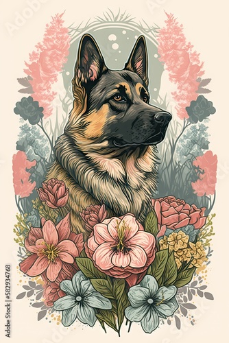 Wallpaper Mural Designer Pastel German Shepherd dog in a Wonderland of Floral: A Serene Scene of a Beautiful Majestic Animal Surrounded by Delicate Flowers in a Soft and Dreamy Style Generative AI Torontodigital.ca