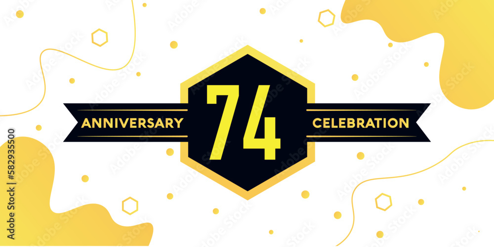 74 years anniversary logo vector design with yellow geometric shape with black and abstract design on white background template