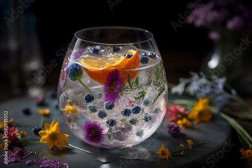 Gin and tonic adorned with edible flowers