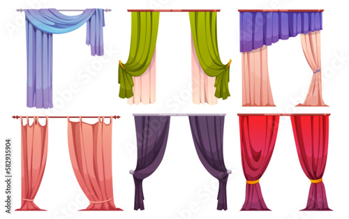 Cartoon set of color curtains isolated on white background. Vector illustration of thick and net textile in blue, black and green colors. Modern, classical home interior design elements